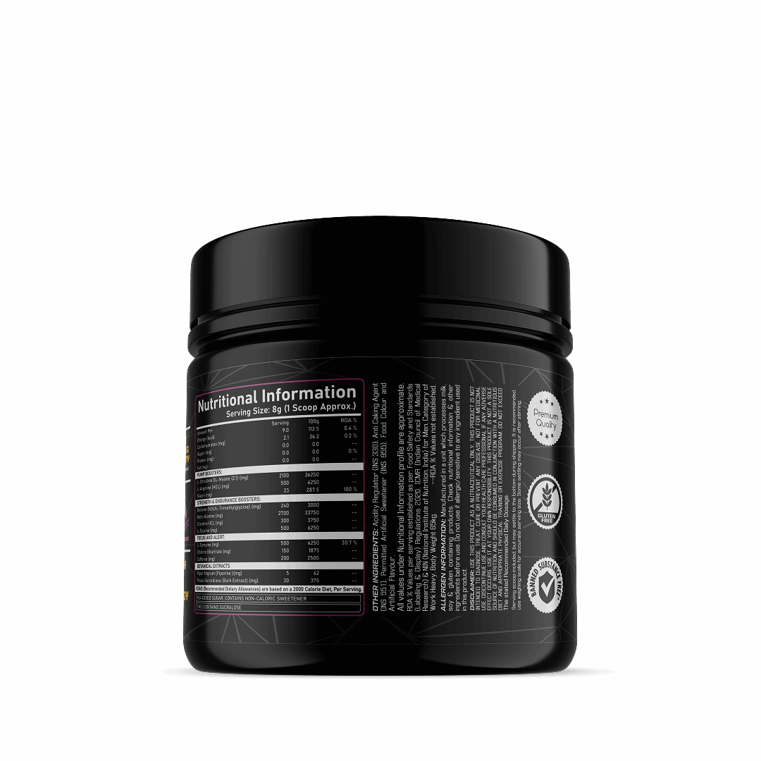 Black supplement container with nutritional information label on a white background