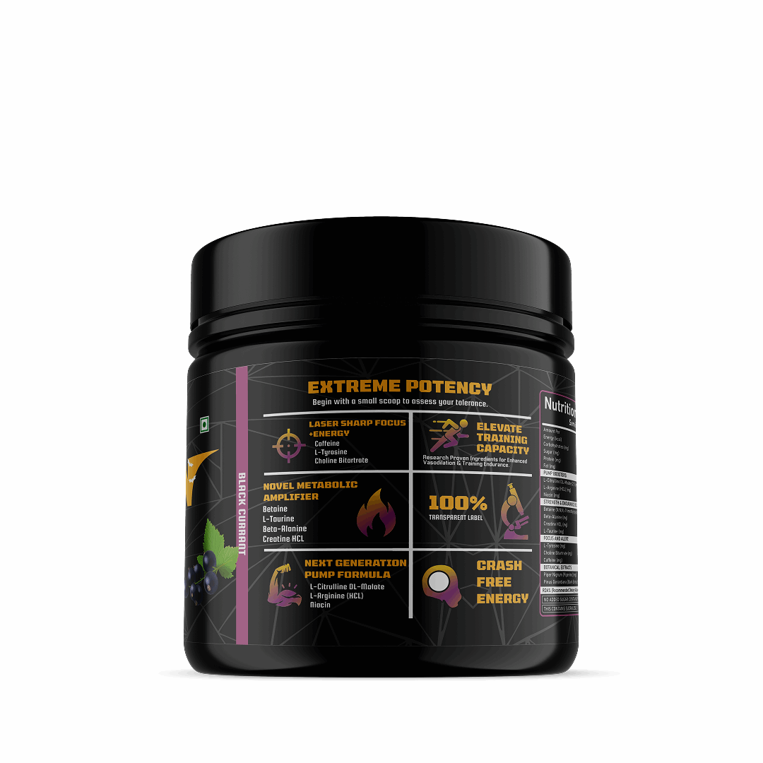 Black supplement container with yellow text on a white background