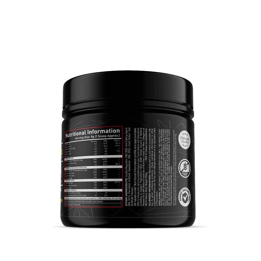 Black supplement container with nutritional information label on a white background