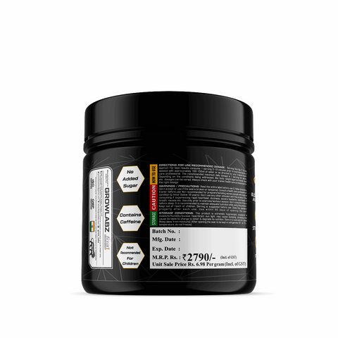 Black supplement container with label on a white background