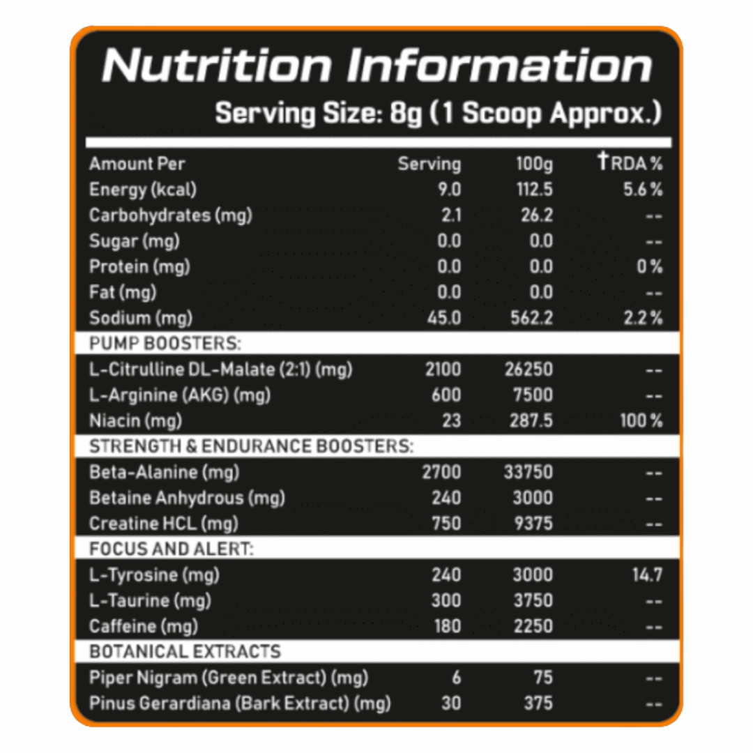 Nutrition information label for a supplement with black background and white text.