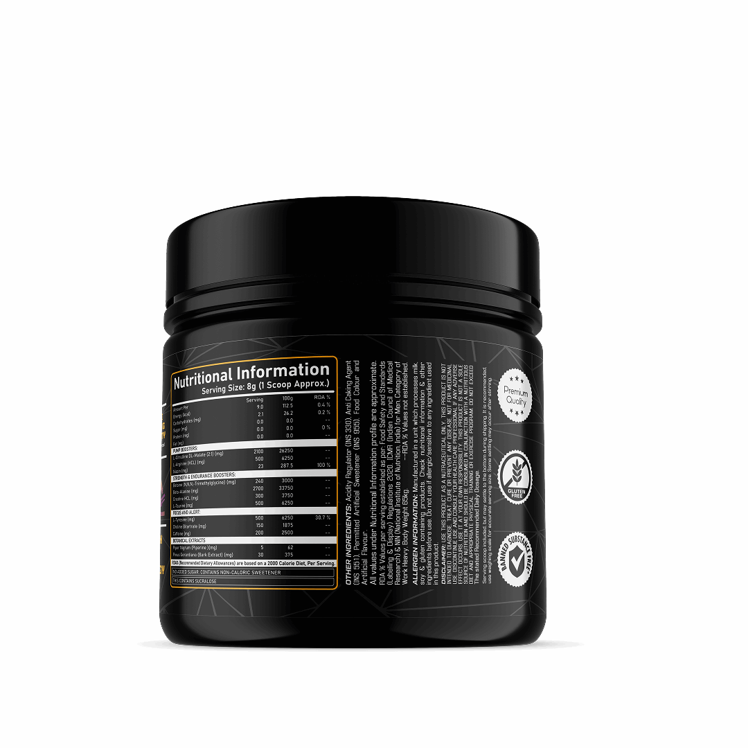 Black supplement container with nutritional information label on a white background