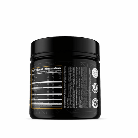 Black supplement container with nutritional information label on a white background