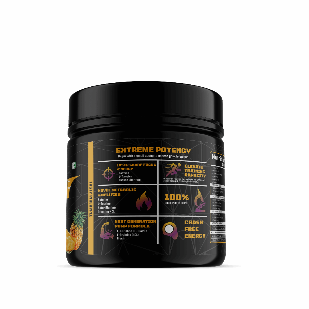 Black supplement container with yellow and white text on a white background