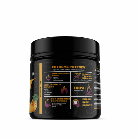 Black supplement container with yellow and white text on a white background