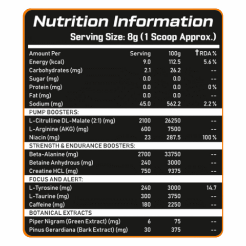 Nutrition information label for a supplement with black background and white text.