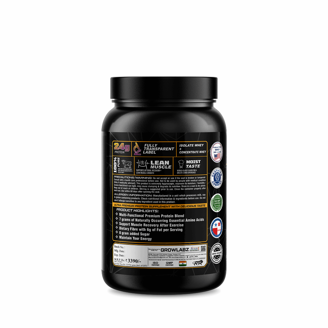 Black protein supplement container with label on a white background