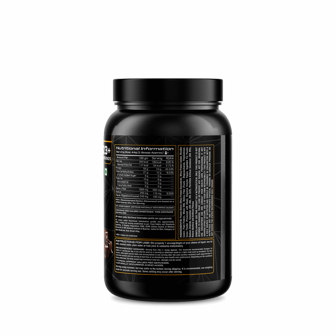 Black supplement container with nutritional information label on a white background