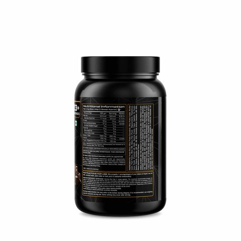 Black supplement container with nutritional information label on a white background