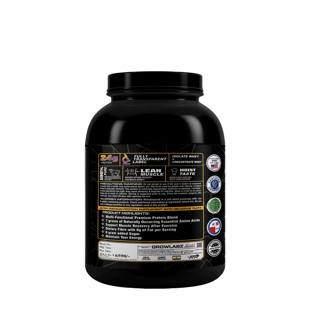 Black protein supplement container with label on a white background