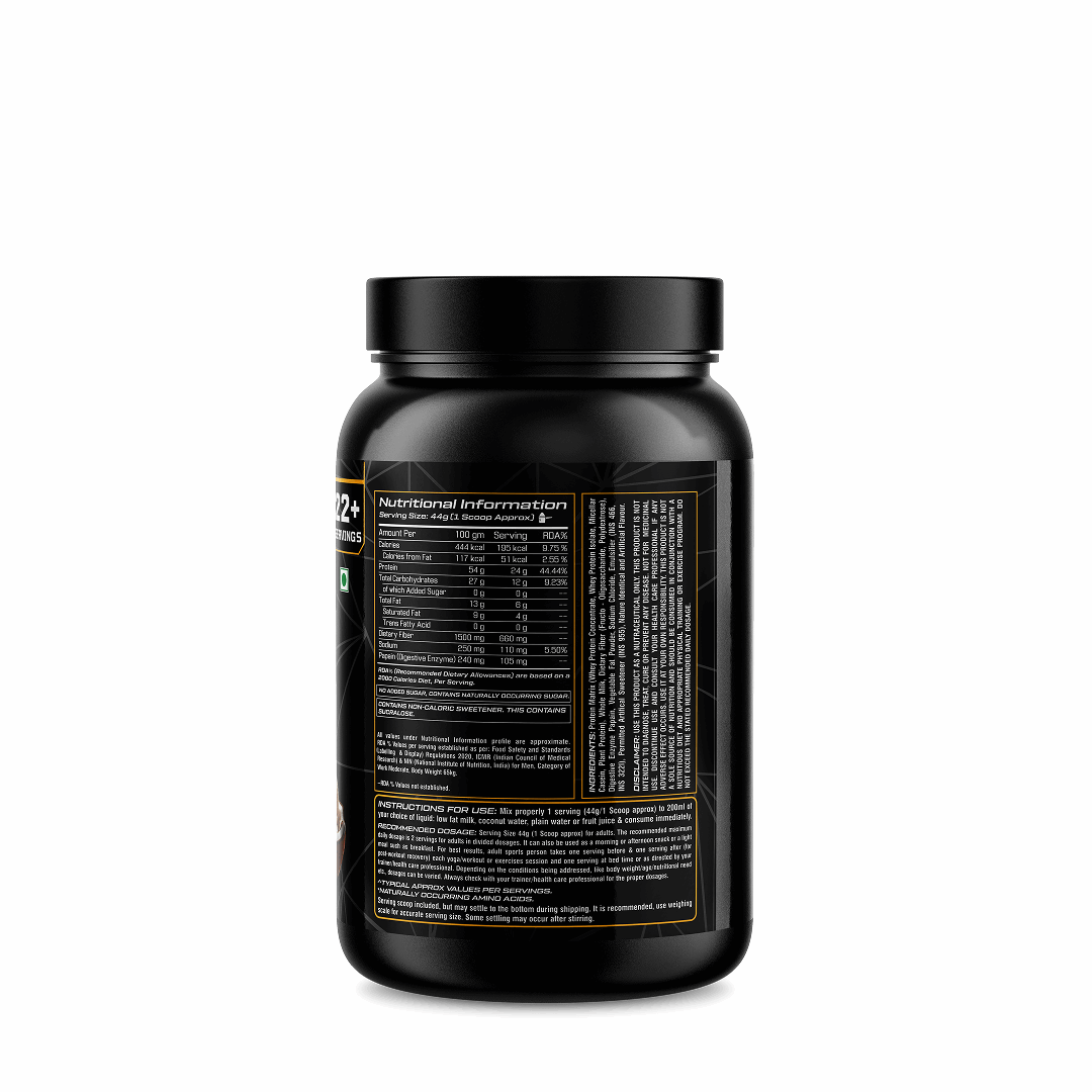 Black supplement container with nutritional information label on a white background