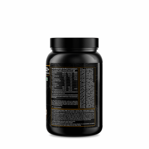 Black supplement container with nutritional information label on a white background