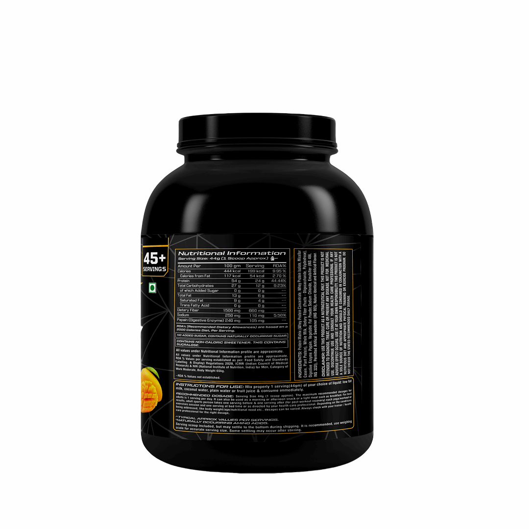 Black supplement container with nutritional information label on a white background