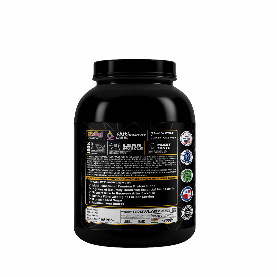 Black protein supplement container with label on a white background