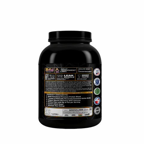 Black protein supplement container with label on a white background