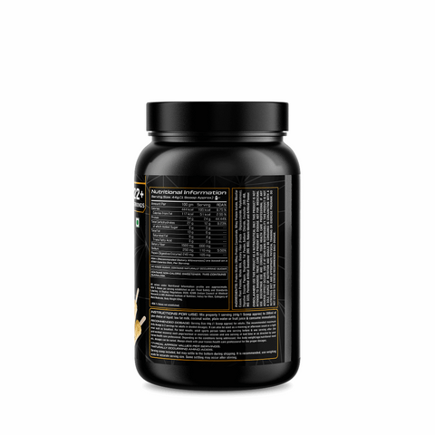 Black supplement container with nutritional information label on a white background