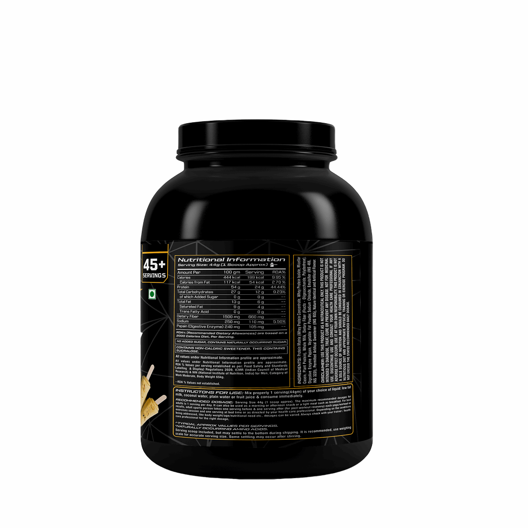 Black protein powder container with nutritional information label on a white background