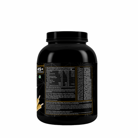 Black protein powder container with nutritional information label on a white background