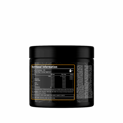 Black container with nutritional information label on a white background