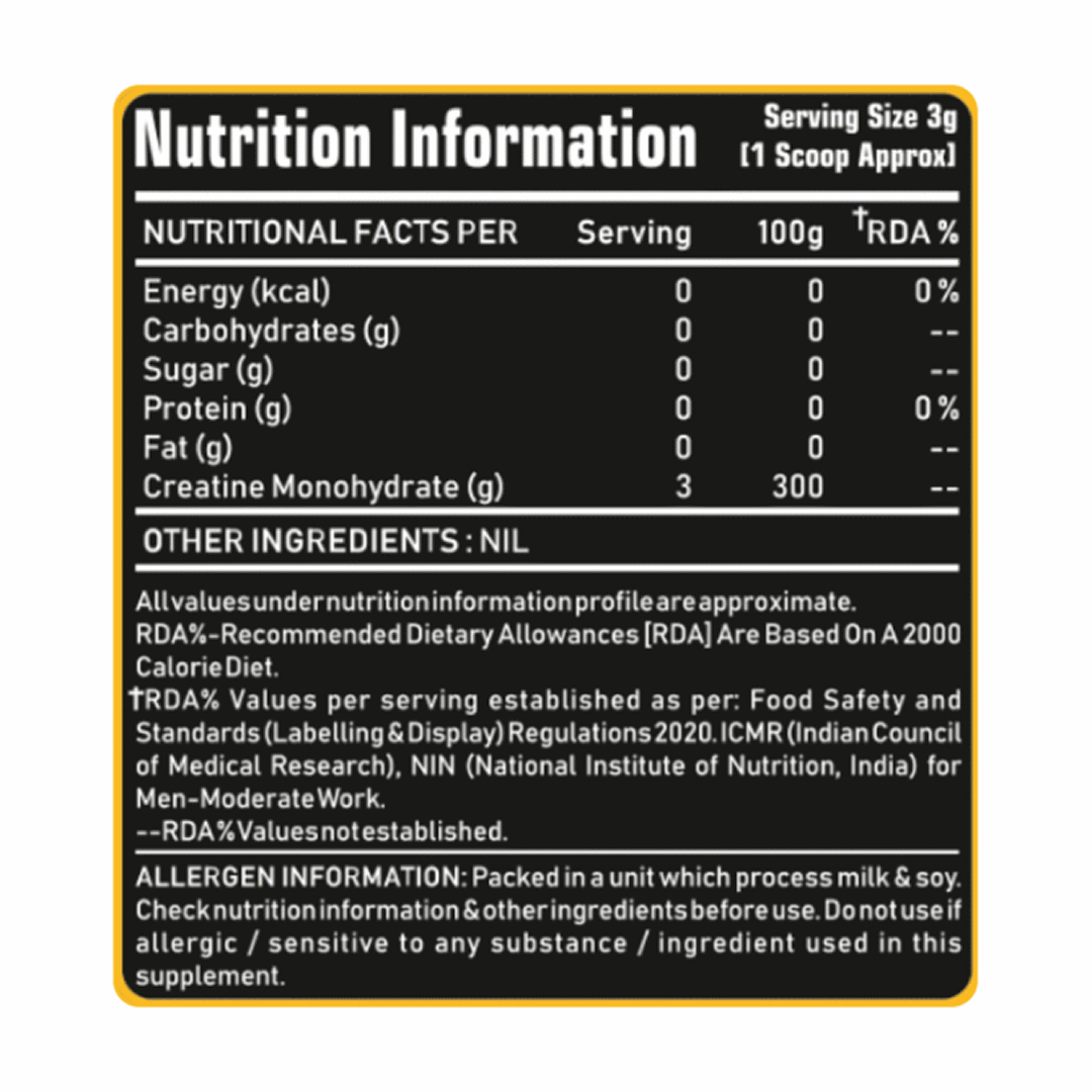 Nutrition information label for a supplement with black text on a yellow border.