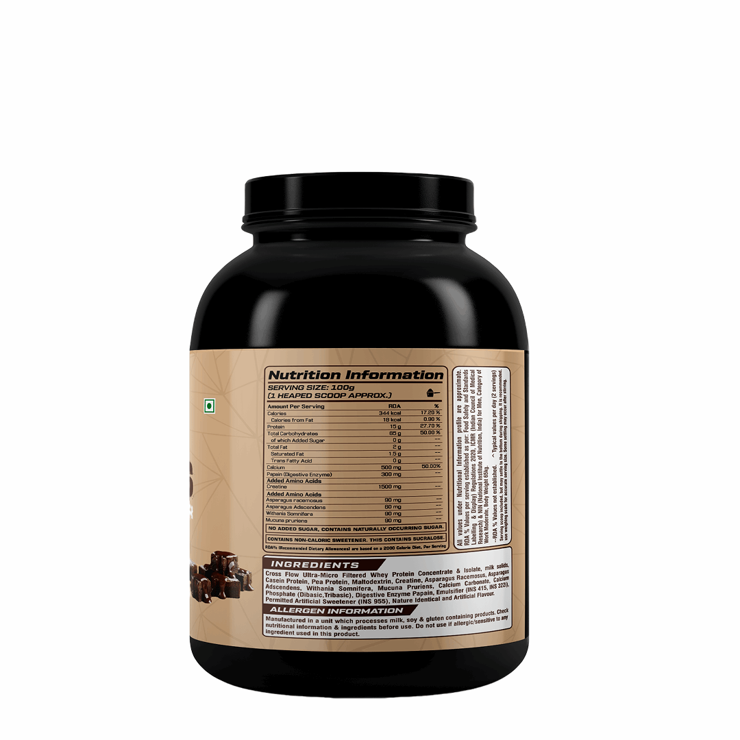 Black protein powder container with nutrition label on a white background