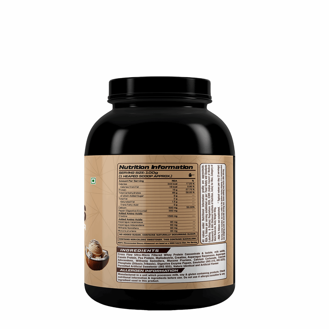 Black container with nutrition information label on a white background