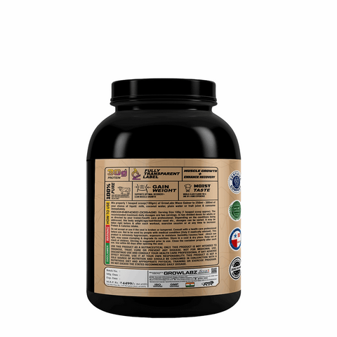 Black protein supplement container with a label on a white background