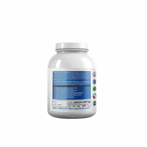 White supplement container with blue label on a white background