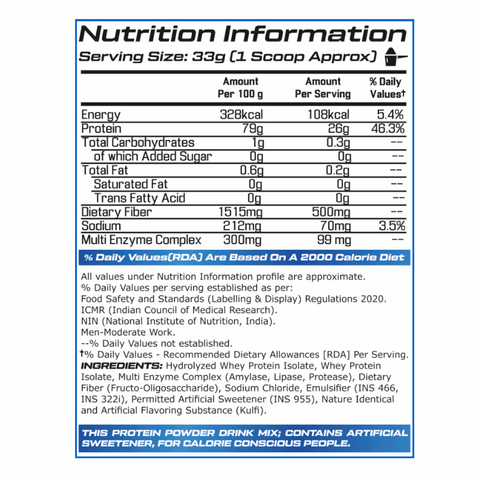 Nutrition information label for a protein powder drink mix on a white background