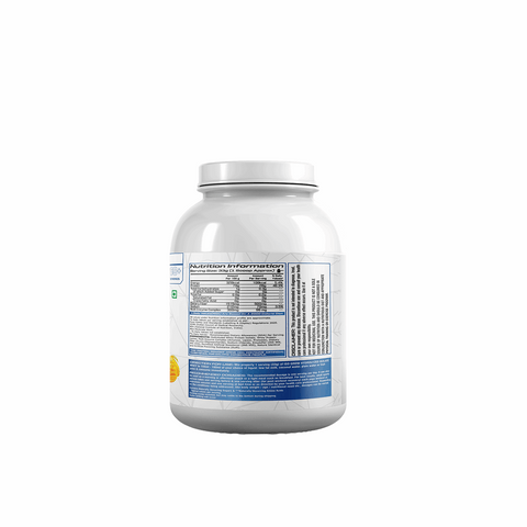 White supplement container with blue label on a white background