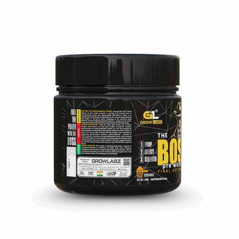 Black container of Grow Labz pre-workout supplement on a white background