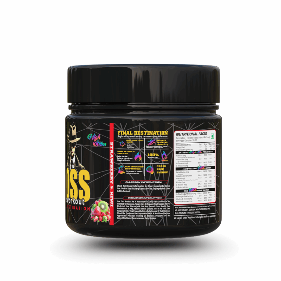 Black supplement container with colorful labels on a white background