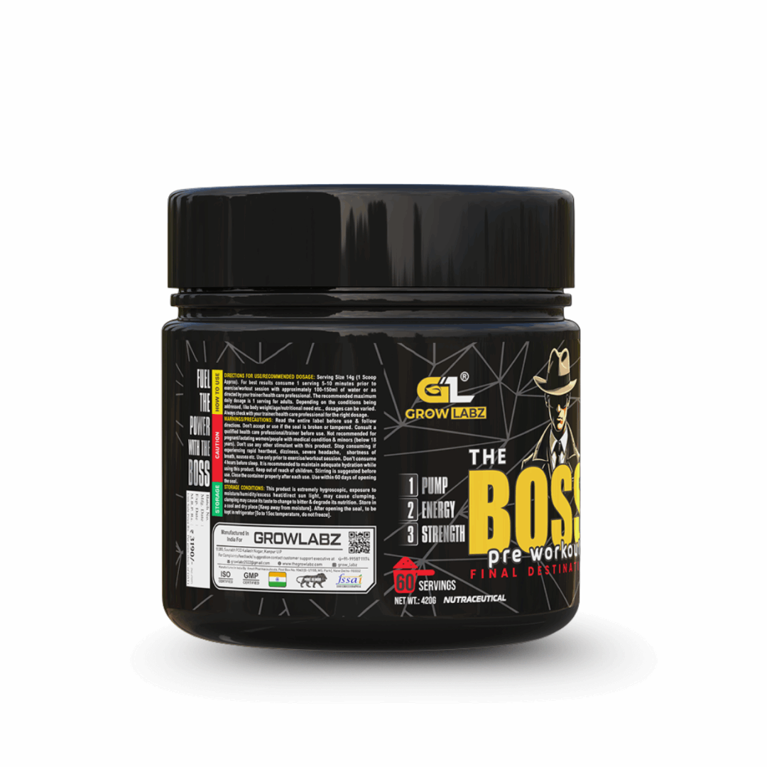 Pre-workout supplement container labeled 'The Boss' by Grow Labz on a white background