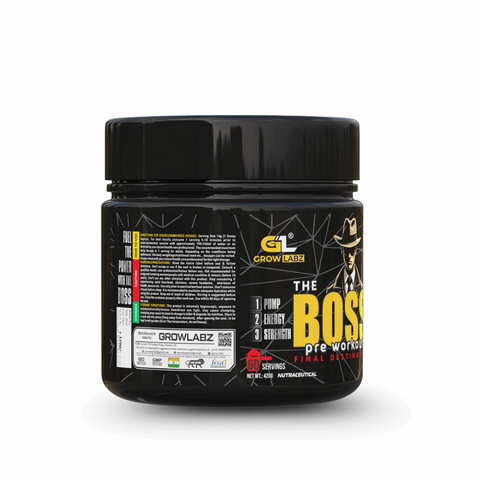 Pre-workout supplement container labeled 'The Boss' by Grow Labz on a white background
